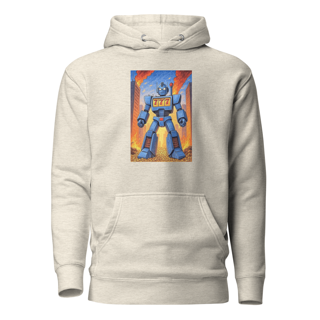 Beige hoodie with blue robot graphic featuring 777 slot machine design, cityscape background, and gold coins.