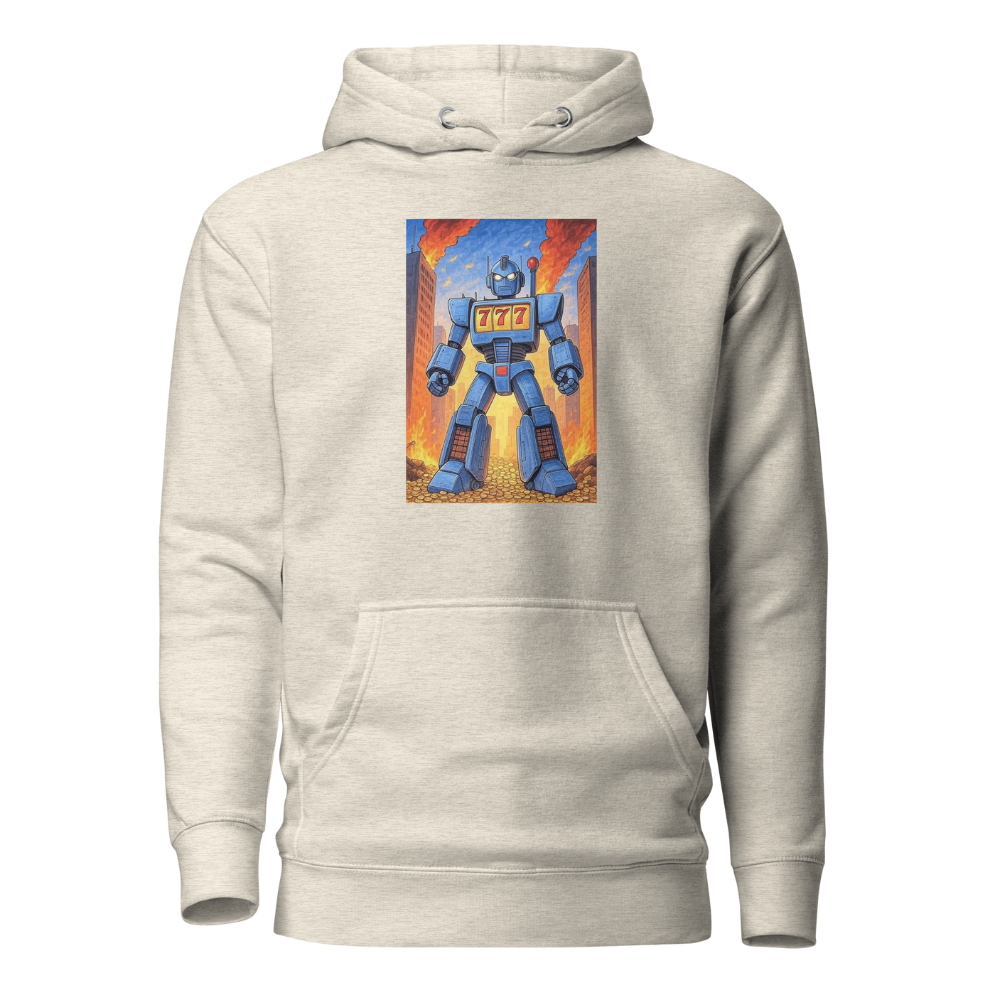 Beige hoodie with blue robot graphic featuring 777 slot machine design, cityscape background, and gold coins.