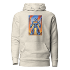 Beige hoodie with blue robot graphic featuring 777 slot machine design, cityscape background, and gold coins.