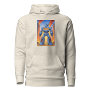 Beige hoodie with blue robot graphic featuring 777 slot machine design, cityscape background, and gold coins.
