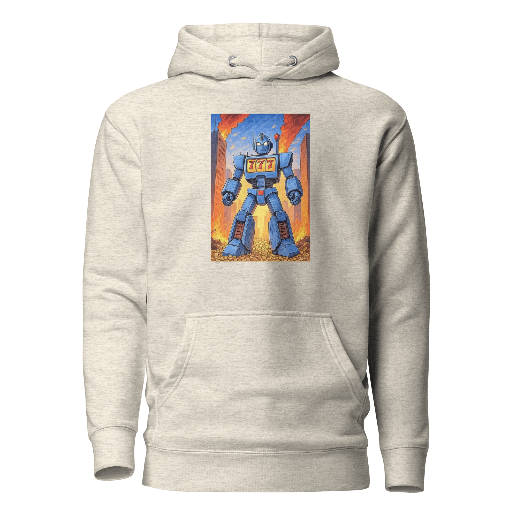 Beige hoodie with blue robot graphic featuring 777 slot machine design, cityscape background, and gold coins.