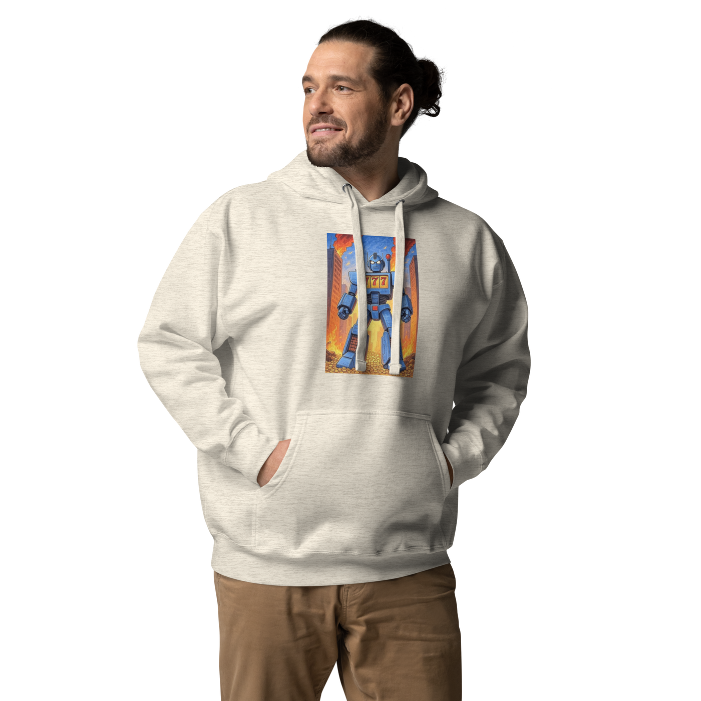 Man wearing slot-themed hoodie with robot and 777 design, quirky gaming apparel for players