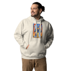 Man wearing slot-themed hoodie with robot and 777 design, quirky gaming apparel for players