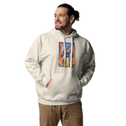 Man wearing slot-themed hoodie with robot and 777 design, quirky gaming apparel for players