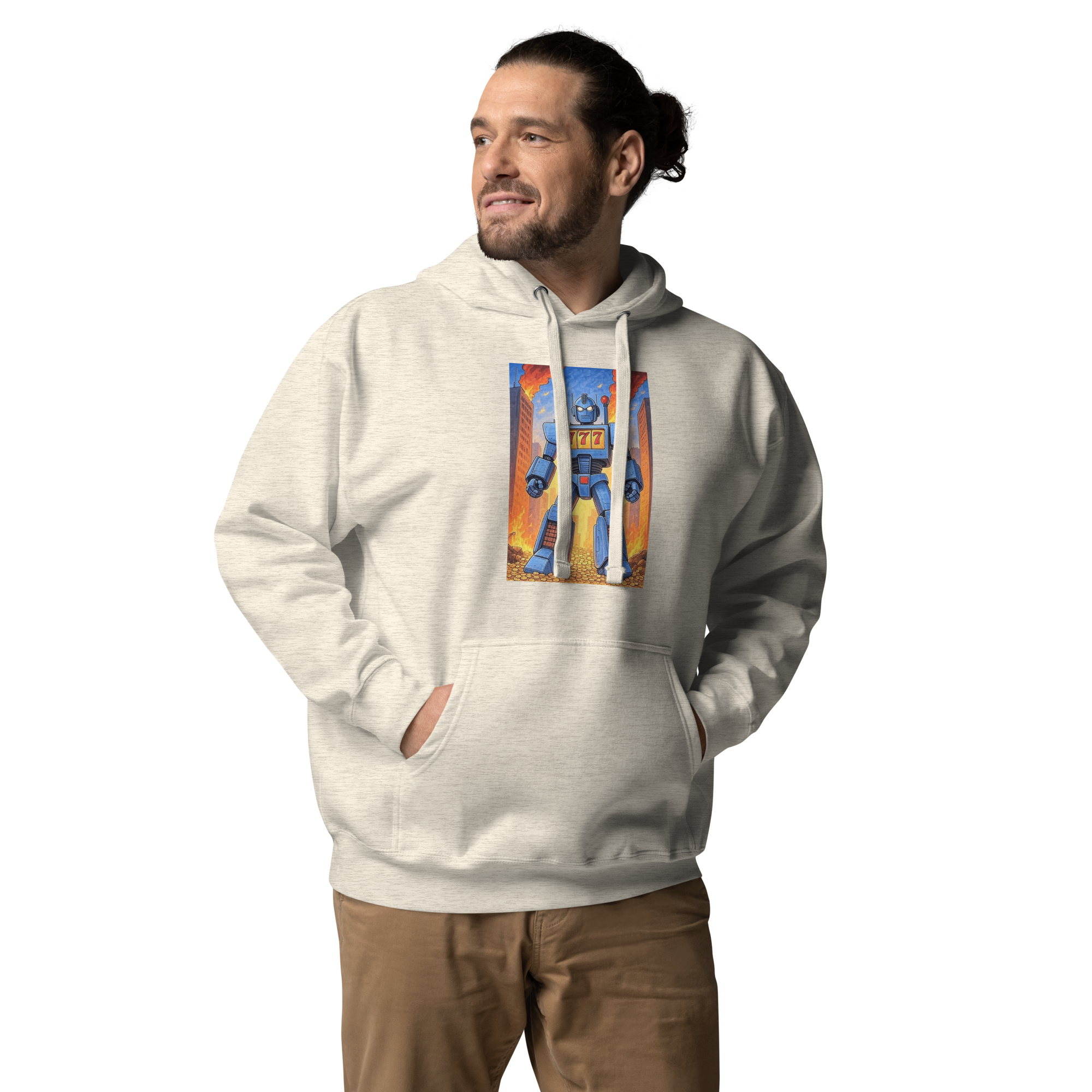 Man wearing slot-themed hoodie with robot and 777 design, quirky gaming apparel for players