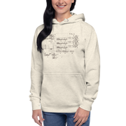 Woman wearing light hoodie with vintage slot machine schematic diagram, quirky casino-themed apparel