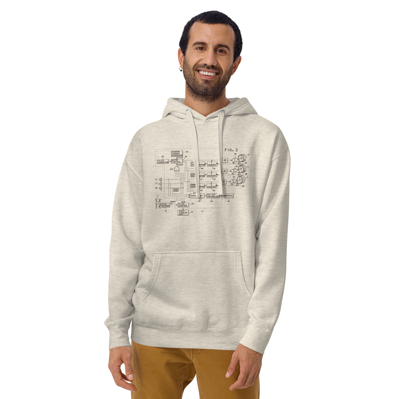 Man wearing light gray hoodie with vintage slot machine schematic diagram print, perfect for casino enthusiasts and tech lovers.