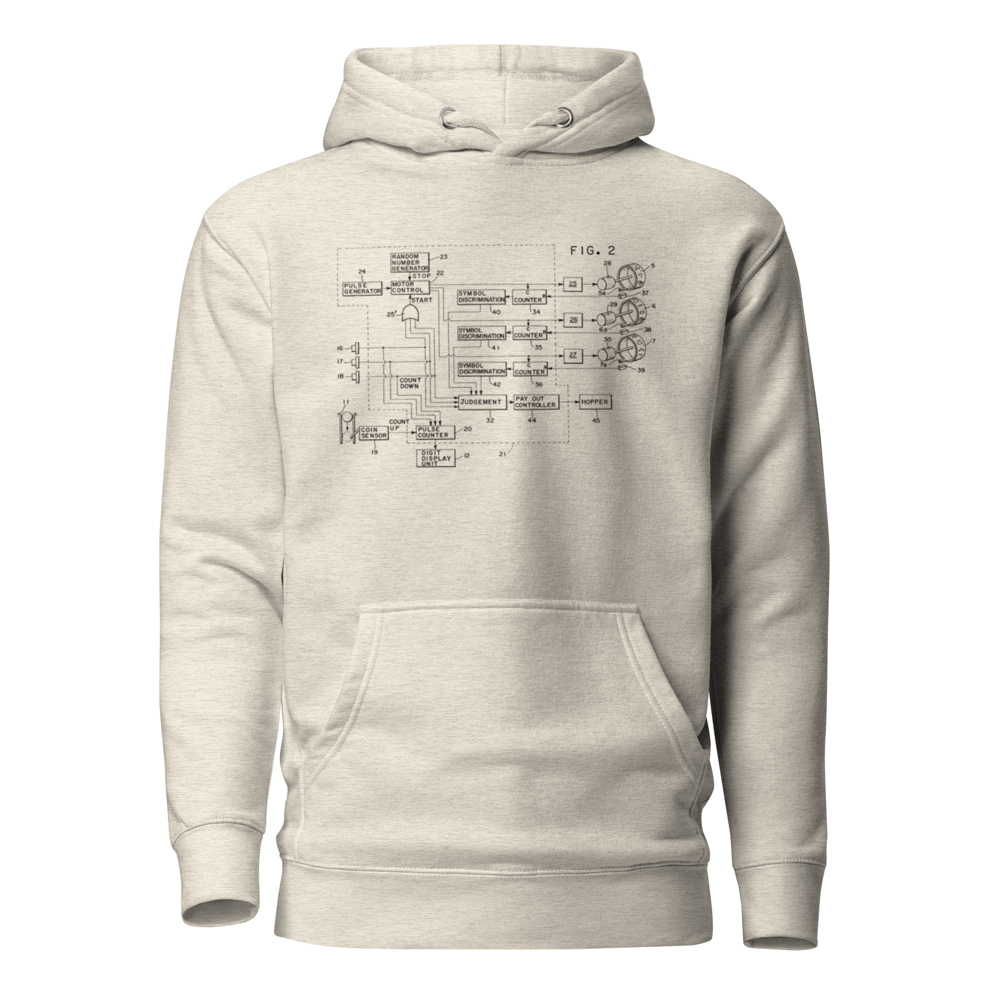 Light gray hoodie featuring a detailed slot machine schematic diagram, perfect for casino enthusiasts and tech lovers.