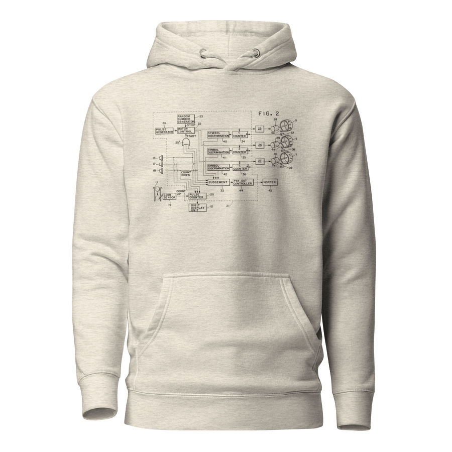 Light gray hoodie featuring a detailed slot machine schematic diagram, perfect for casino enthusiasts and tech lovers.