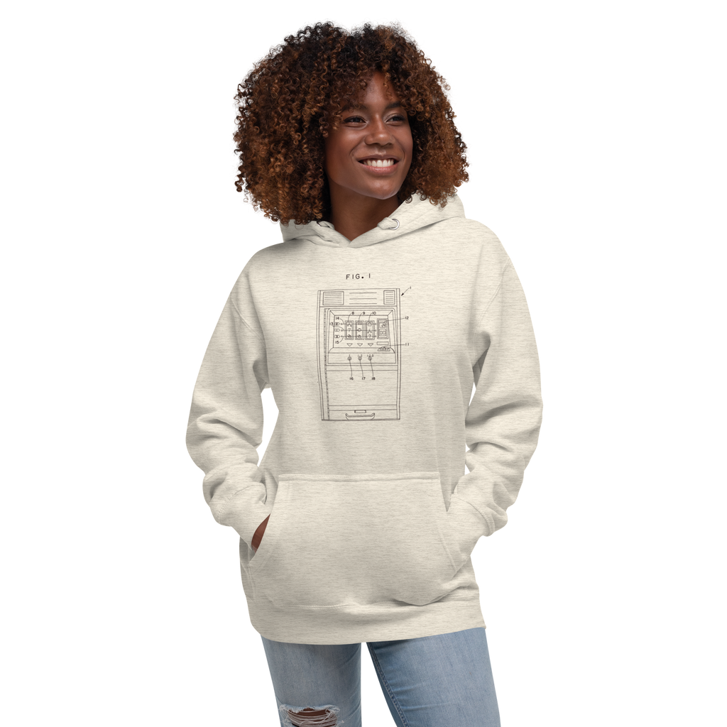 Woman wearing slot machine patent design hoodie, quirky gaming apparel for players and professionals