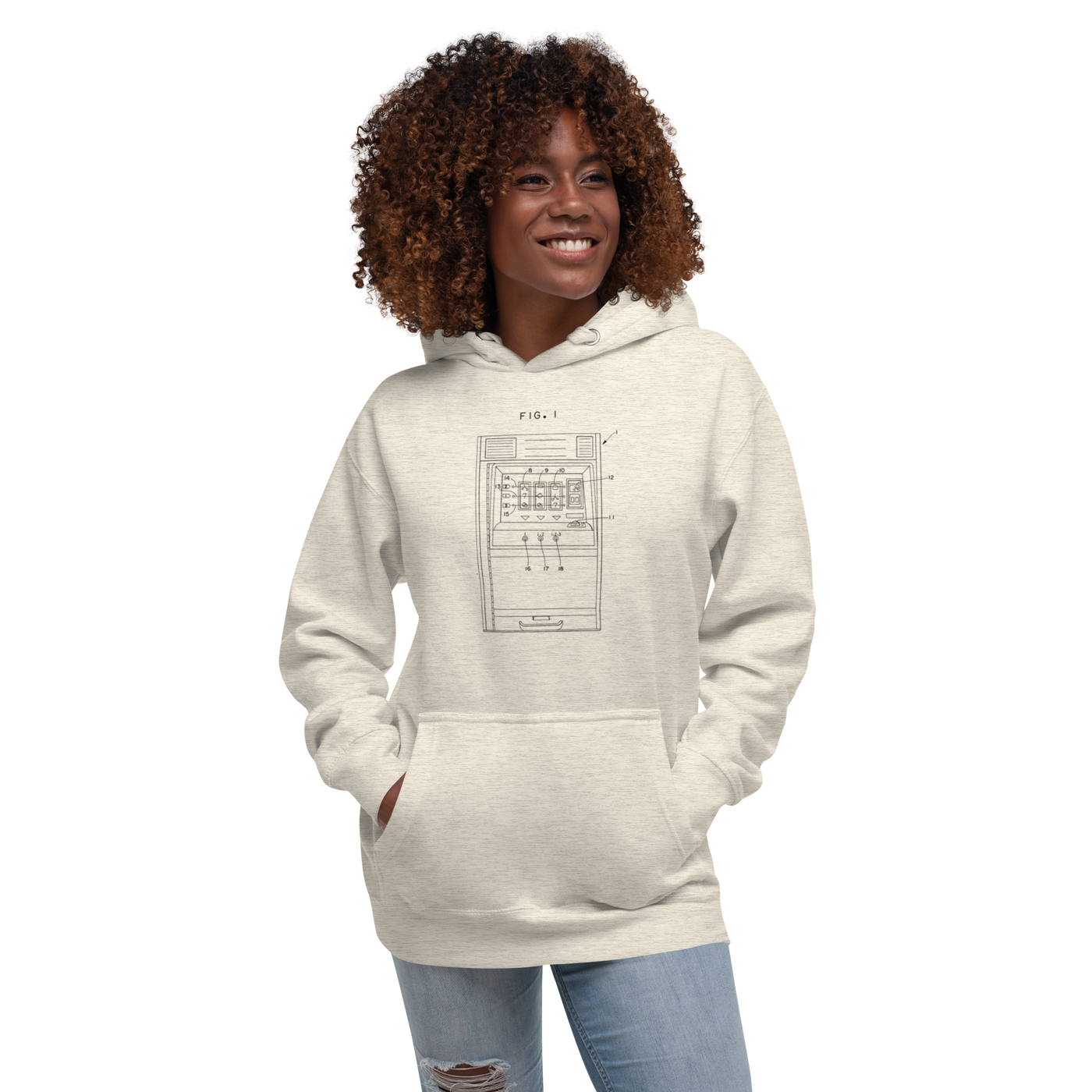 Woman wearing slot machine patent design hoodie, quirky gaming apparel for players and professionals