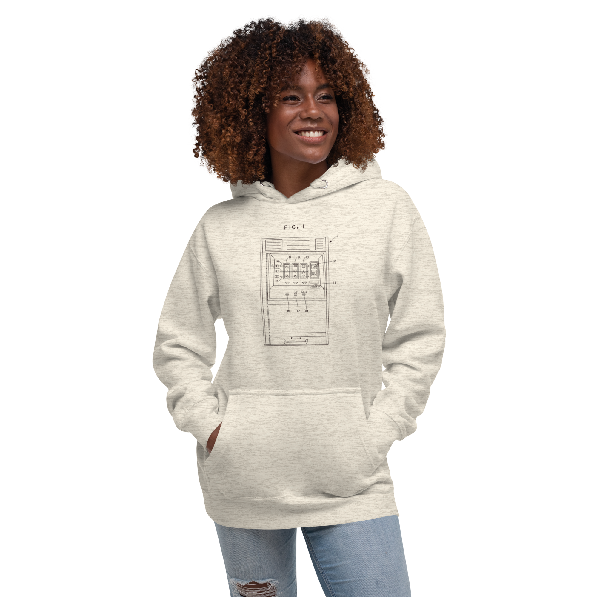 Woman wearing slot machine patent design hoodie, quirky gaming apparel for players and professionals