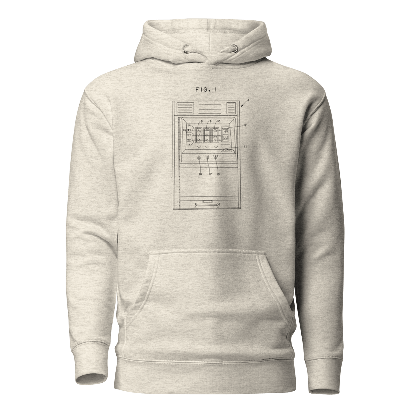 Light gray hoodie with vintage slot machine patent diagram, FIG. 1, for casino enthusiasts and players