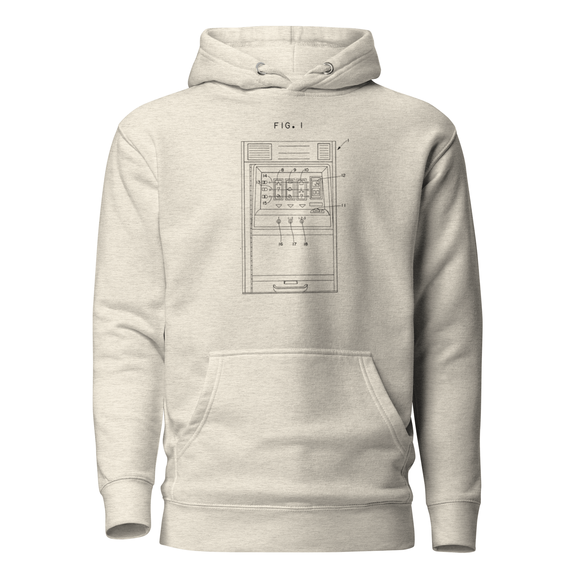 Light gray hoodie with vintage slot machine patent diagram, FIG. 1, for casino enthusiasts and players