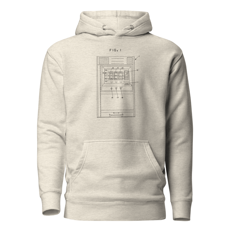 Light gray hoodie with vintage slot machine patent diagram, FIG. 1, for casino enthusiasts and players
