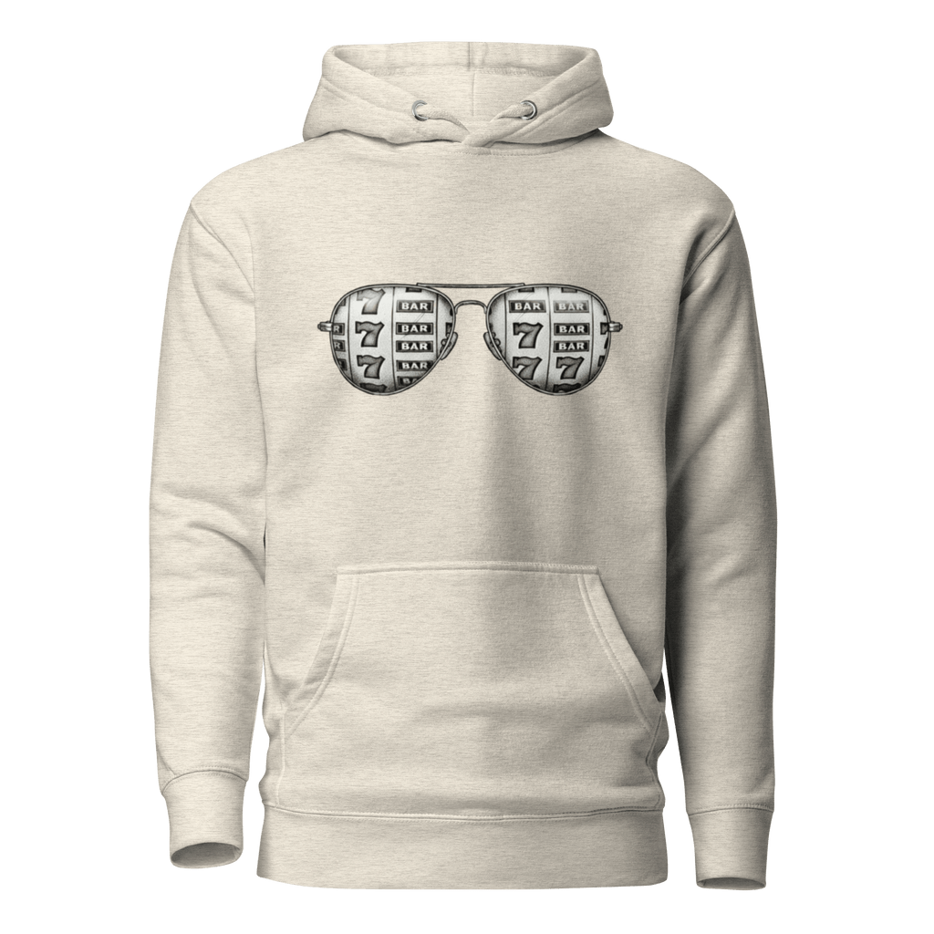 Beige hoodie with slot machine-themed aviator glasses design, featuring 7s and BAR symbols.
