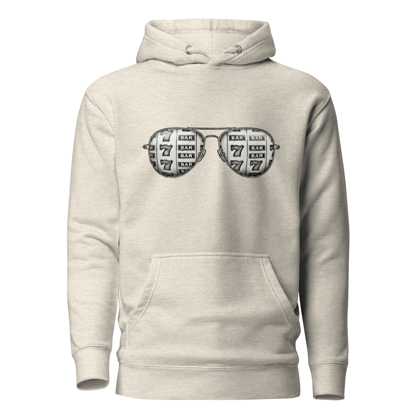 Beige hoodie with slot machine-themed aviator glasses design, featuring 7s and BAR symbols.