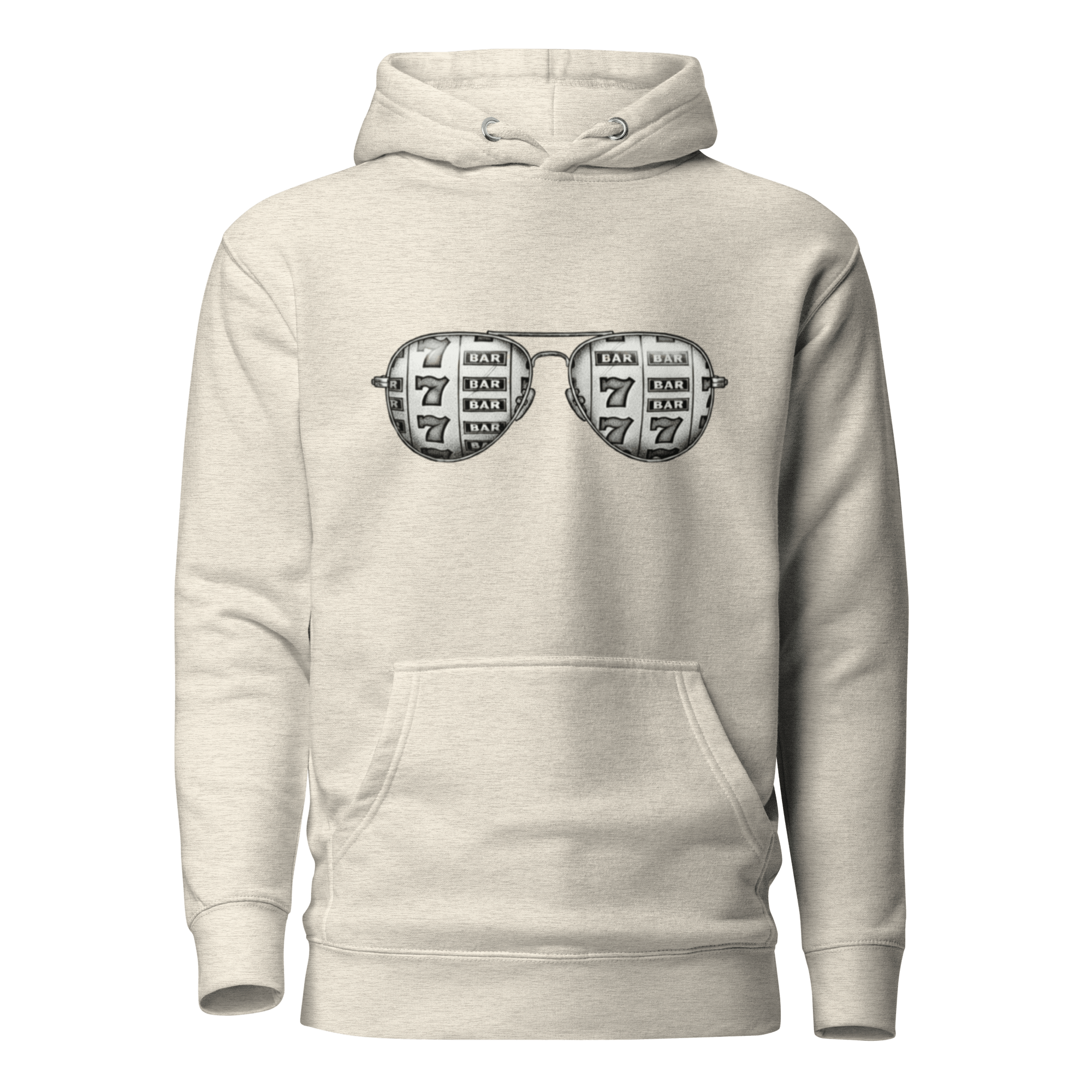 Beige hoodie with slot machine-themed aviator glasses design, featuring 7s and BAR symbols.
