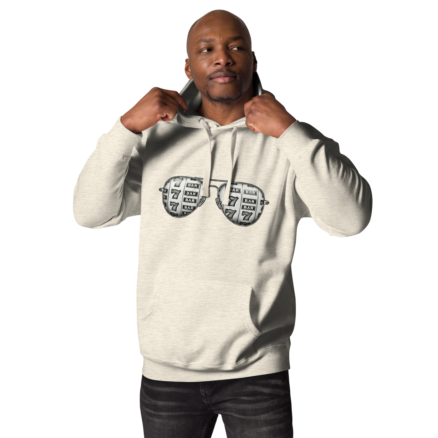 Man wearing slot machine sunglasses graphic hoodie, quirky casino-themed apparel for players