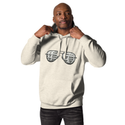 Man wearing slot machine sunglasses graphic hoodie, quirky casino-themed apparel for players