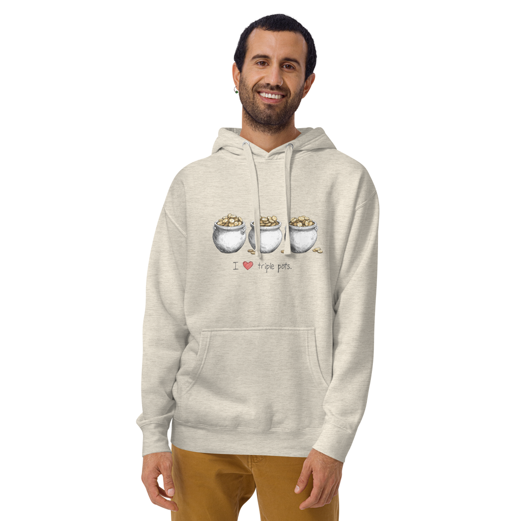 Man wearing hoodie with 'I ❤️ triple pots' design and three pots of gold, slot-themed apparel