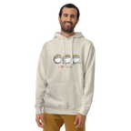 Man wearing hoodie with 'I ❤️ triple pots' design and three pots of gold, slot-themed apparel