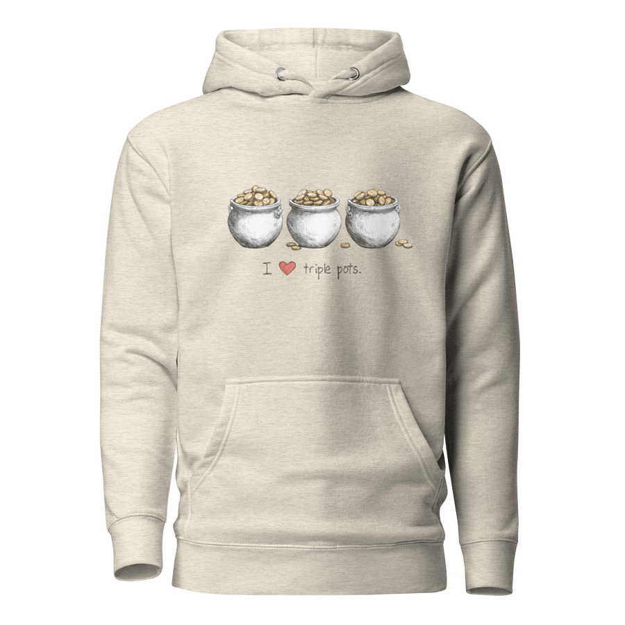 Beige hoodie with 'I ❤️ triple pots' design featuring three pots of gold coins, perfect for slot enthusiasts.