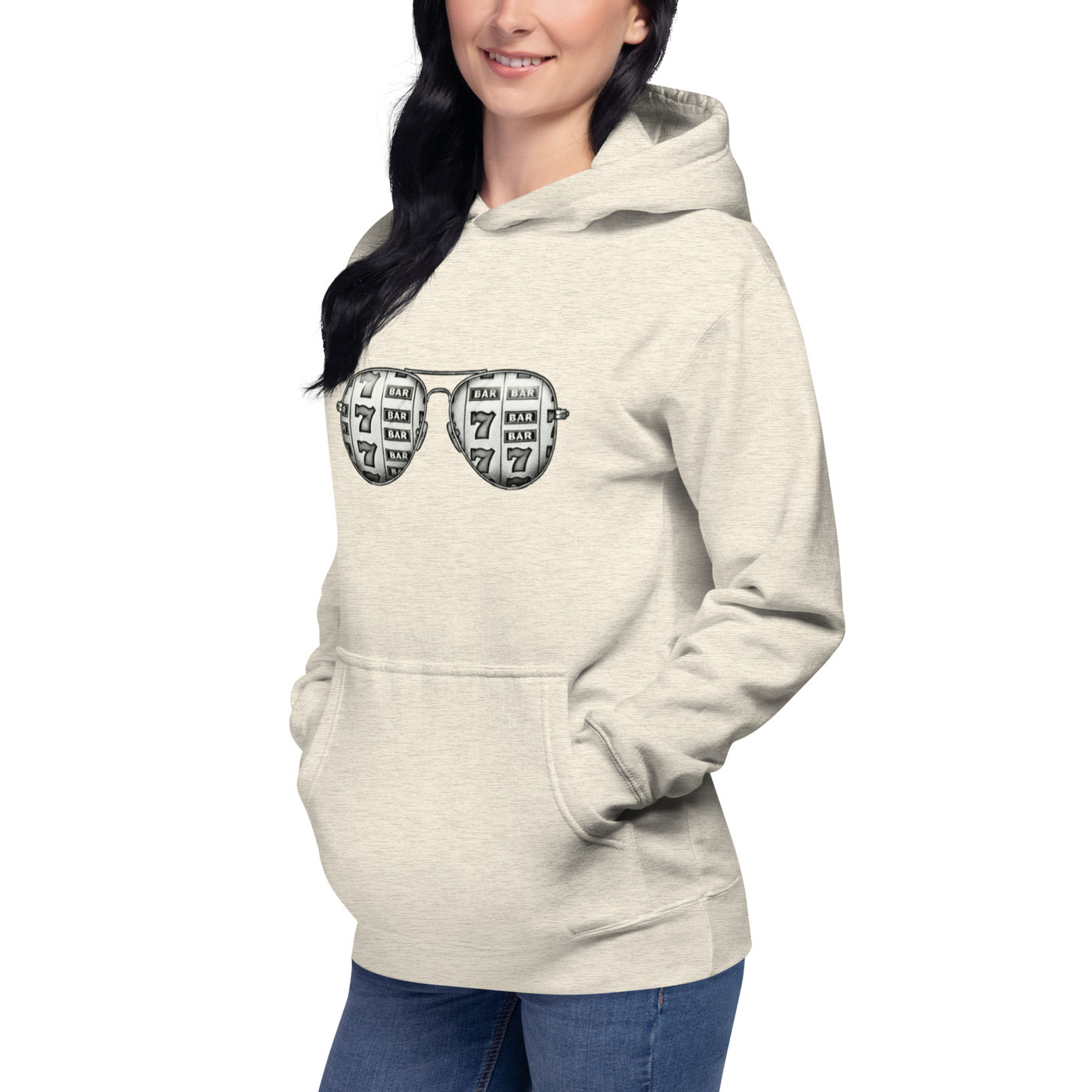 Women's hoodie with slot machine sunglasses graphic, perfect for casino lovers and gaming fans
