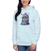 Light blue hoodie with quirky slot machine graphic, featuring 777 and diamonds, perfect for casino fans.