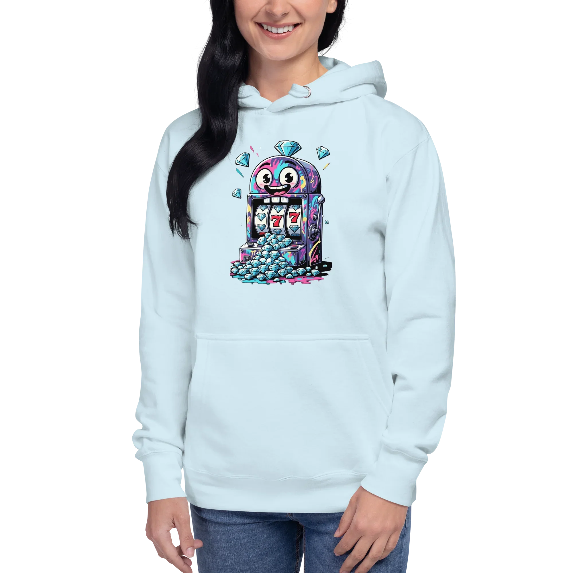 Light blue hoodie with quirky slot machine graphic, featuring 777 and diamonds, perfect for casino fans.