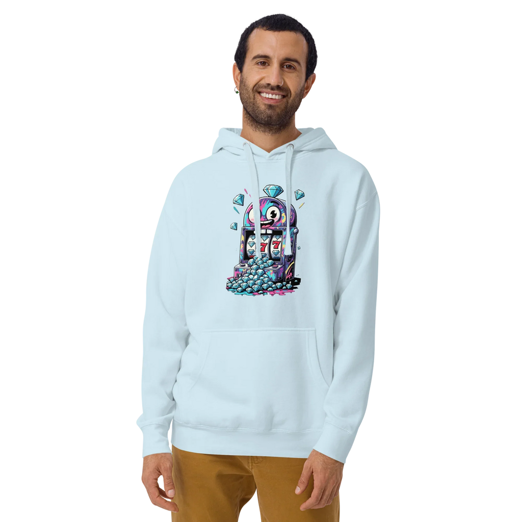 Light blue hoodie with colorful slot machine graphic, diamonds, and lucky 7s for casino-themed fashion