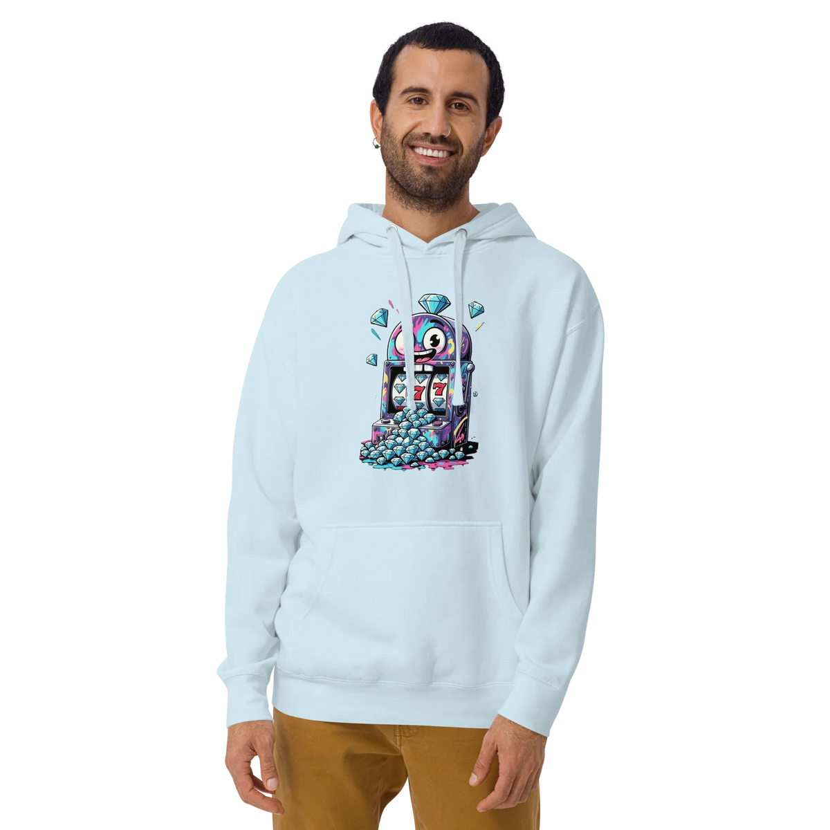 Light blue hoodie with colorful slot machine graphic, diamonds, and lucky 7s for casino-themed fashion