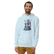 Light blue hoodie with colorful slot machine graphic, diamonds, and lucky 7s for casino-themed fashion