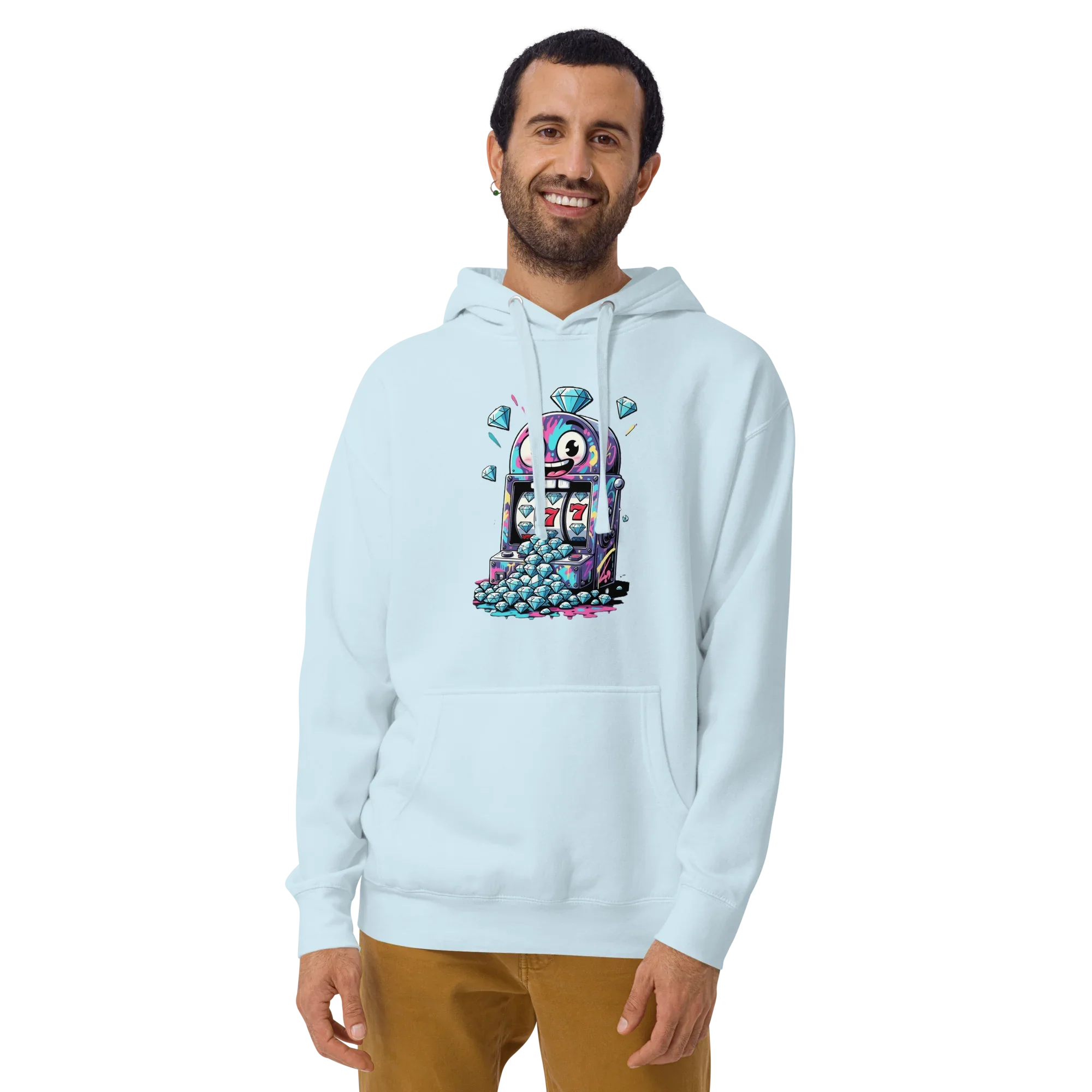 Light blue hoodie with colorful slot machine graphic, diamonds, and lucky 7s for casino-themed fashion