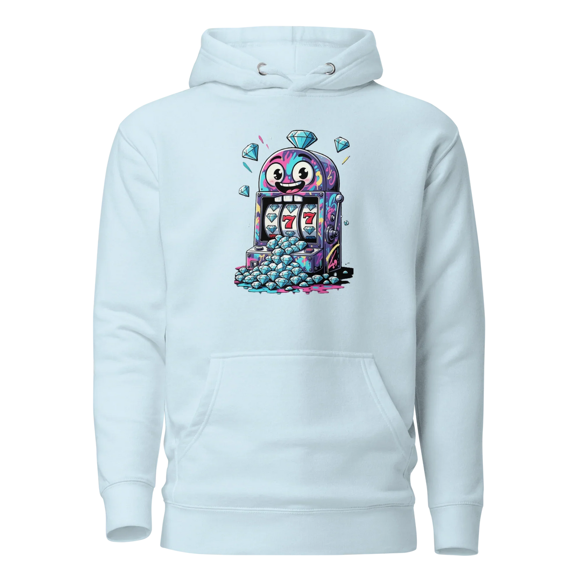Light blue hoodie with colorful slot machine graphic, featuring lucky 7s and diamonds for casino-themed fashion.