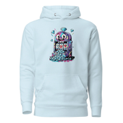 Light blue hoodie with colorful slot machine graphic, featuring lucky 7s and diamonds for casino-themed fashion.