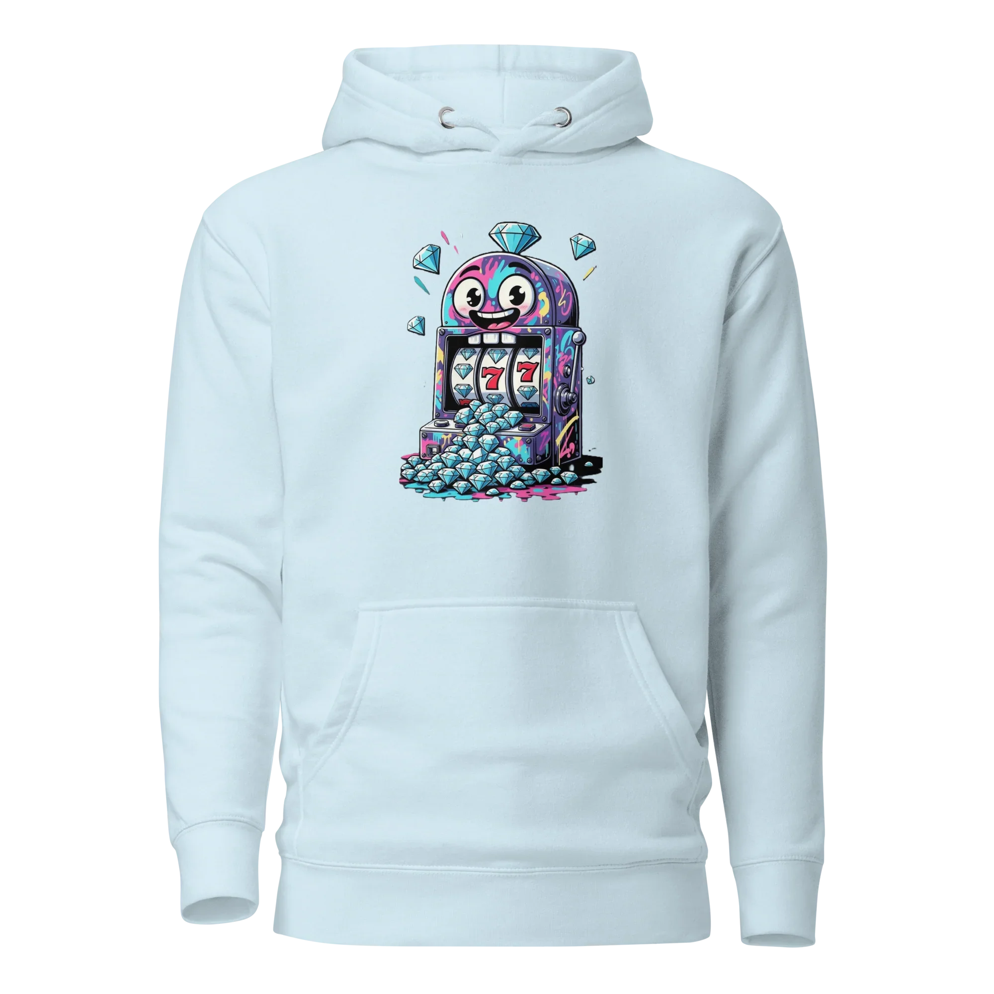 Light blue hoodie with colorful slot machine graphic, featuring lucky 7s and diamonds for casino-themed fashion.