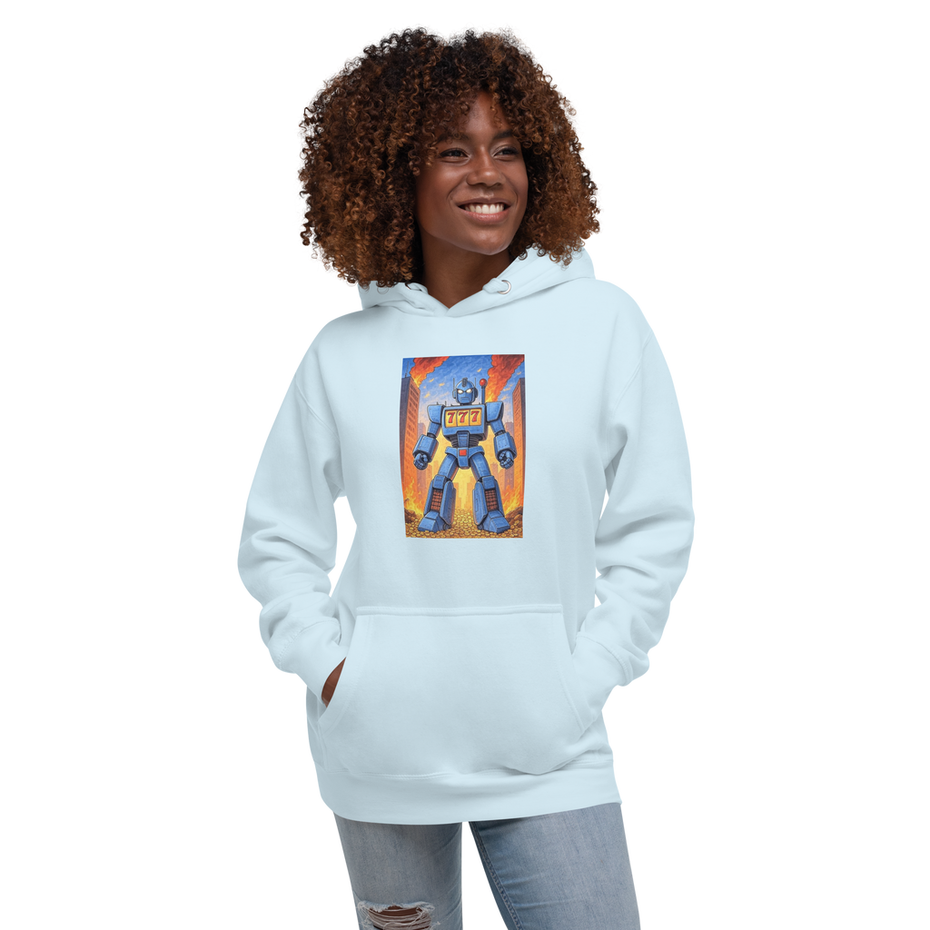 Light blue hoodie with robot slot machine graphic, 777 design, for slot fans and players