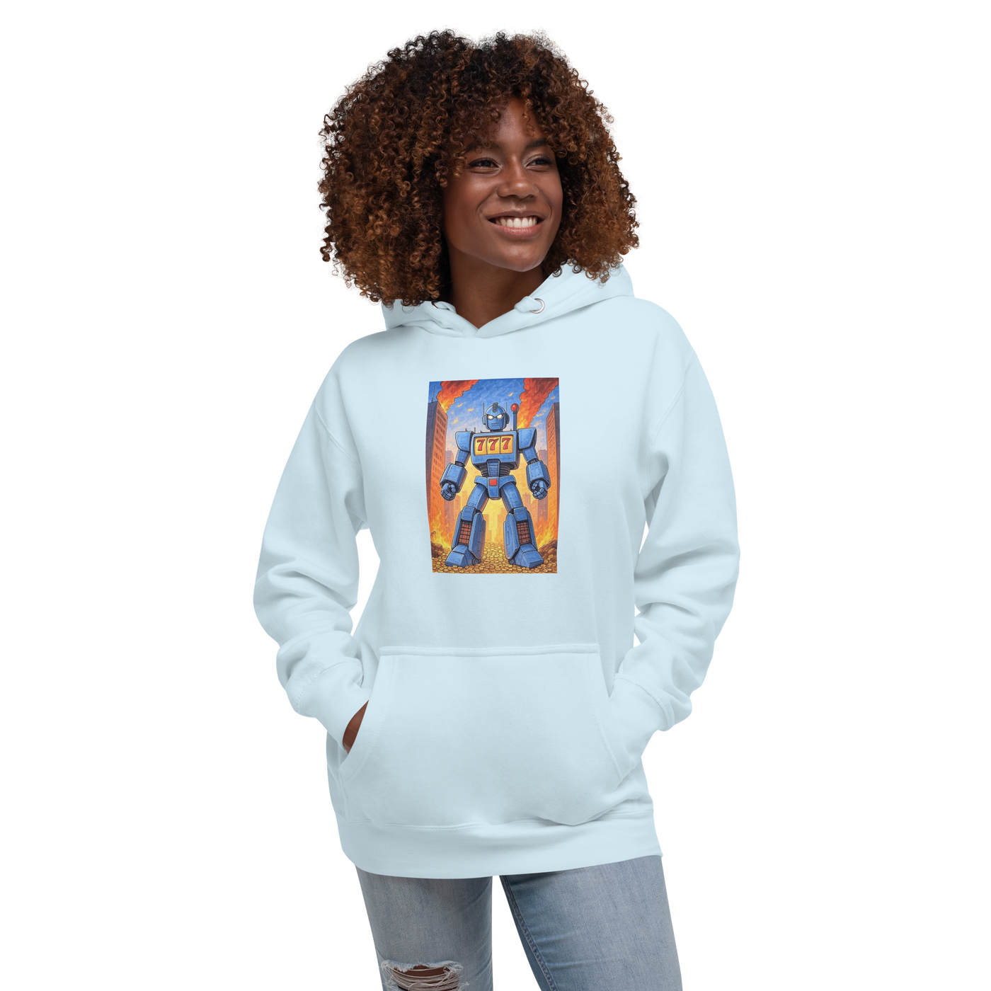 Light blue hoodie with robot slot machine graphic, 777 design, for slot fans and players