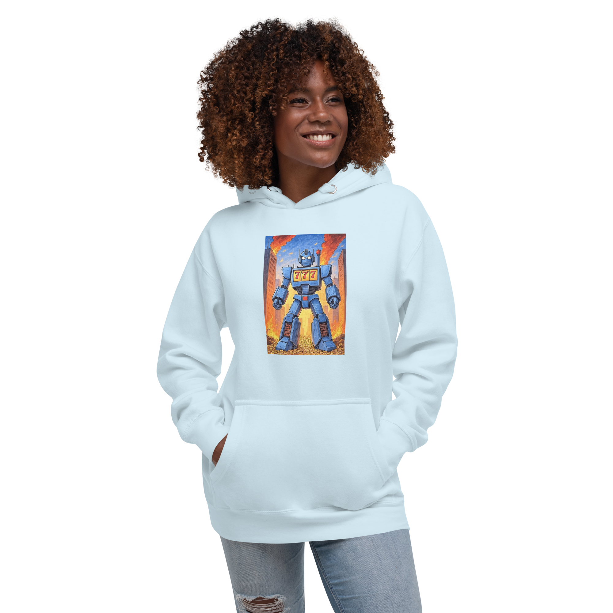Light blue hoodie with robot slot machine graphic, 777 design, for slot fans and players