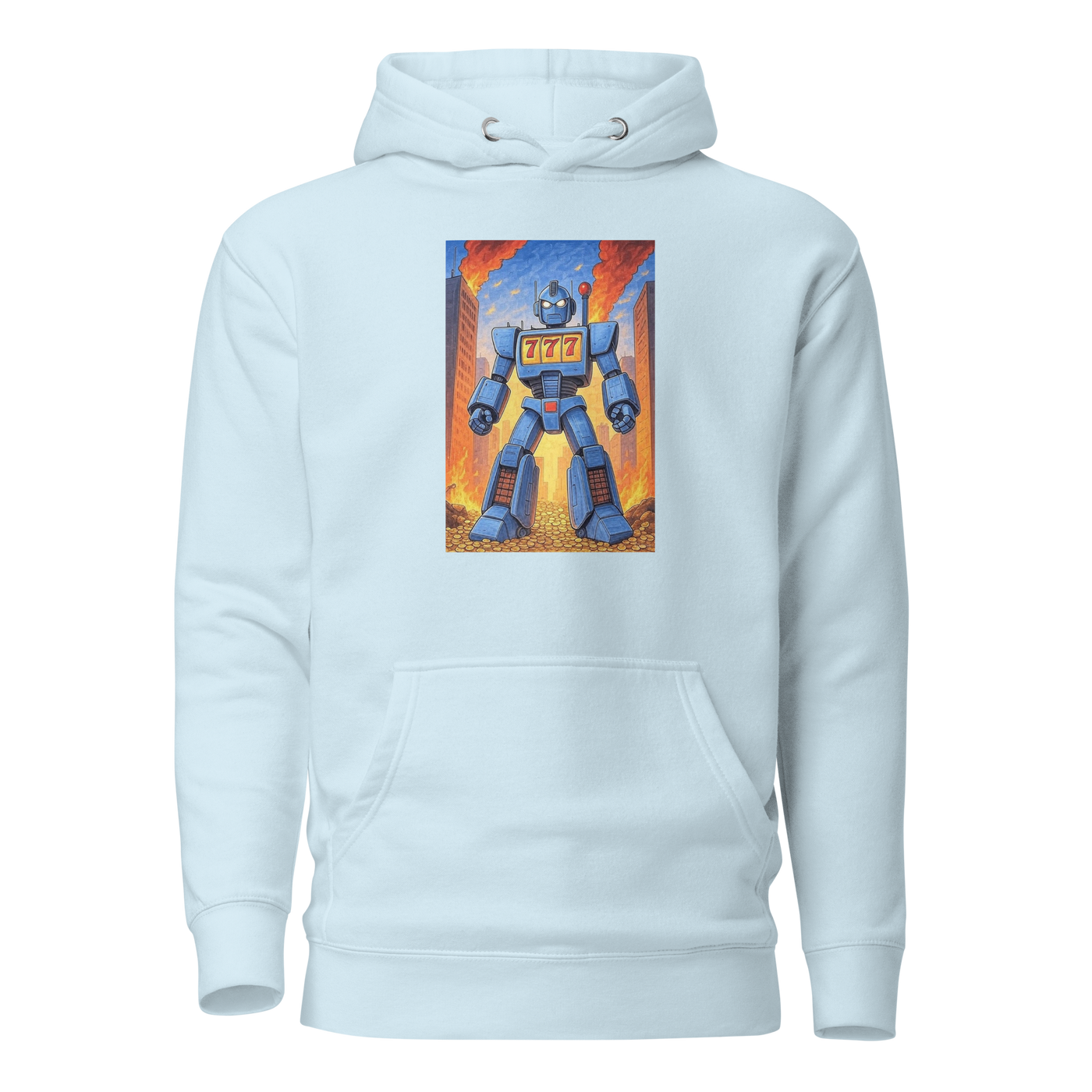 Light blue hoodie featuring a robot with 777 slot machine display, standing on coins against fiery city backdrop