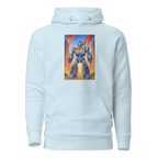 Light blue hoodie featuring a robot with 777 slot machine display, standing on coins against fiery city backdrop