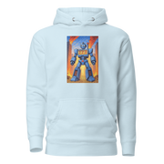 Light blue hoodie featuring a robot with 777 slot machine display, standing on coins against fiery city backdrop
