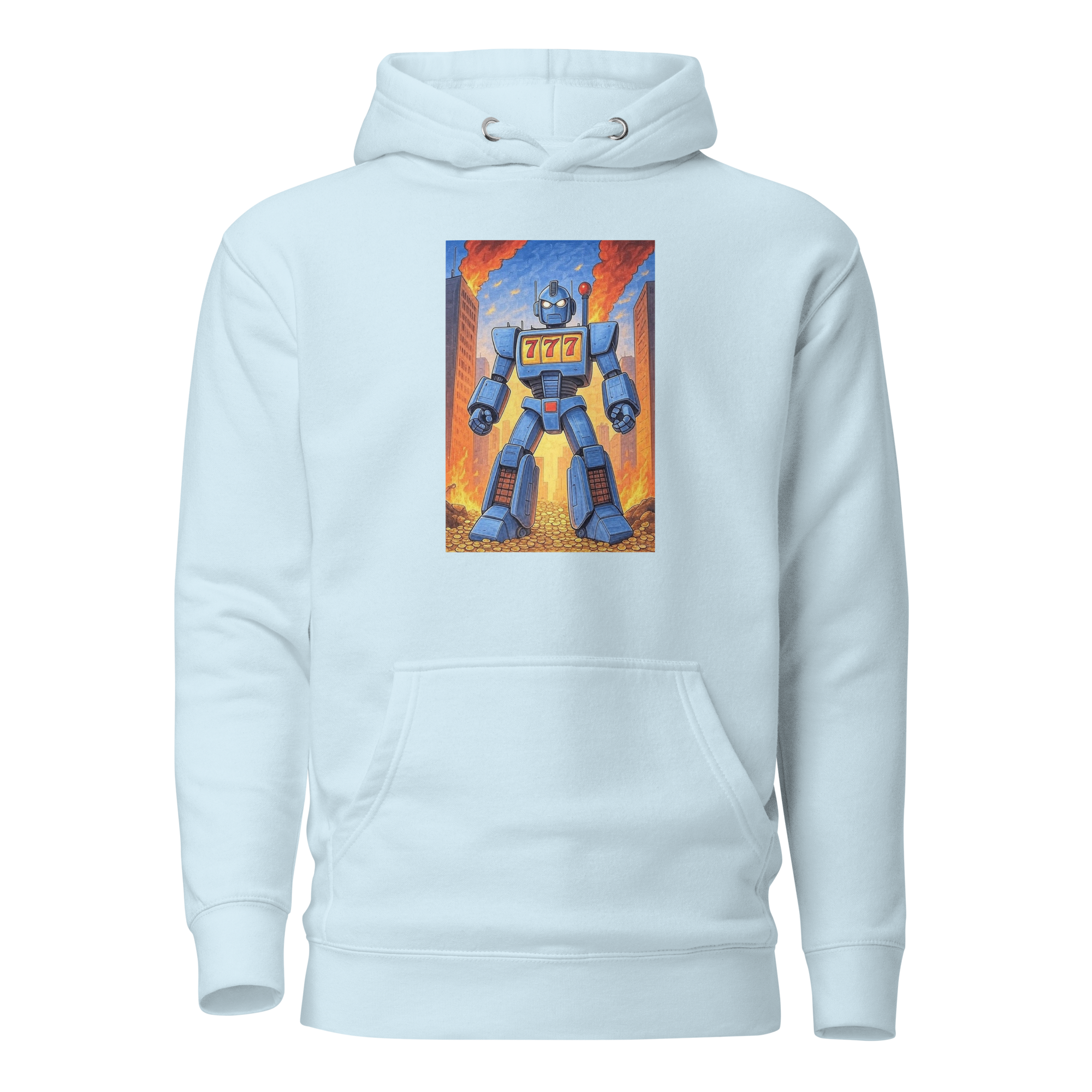 Light blue hoodie featuring a robot with 777 slot machine display, standing on coins against fiery city backdrop