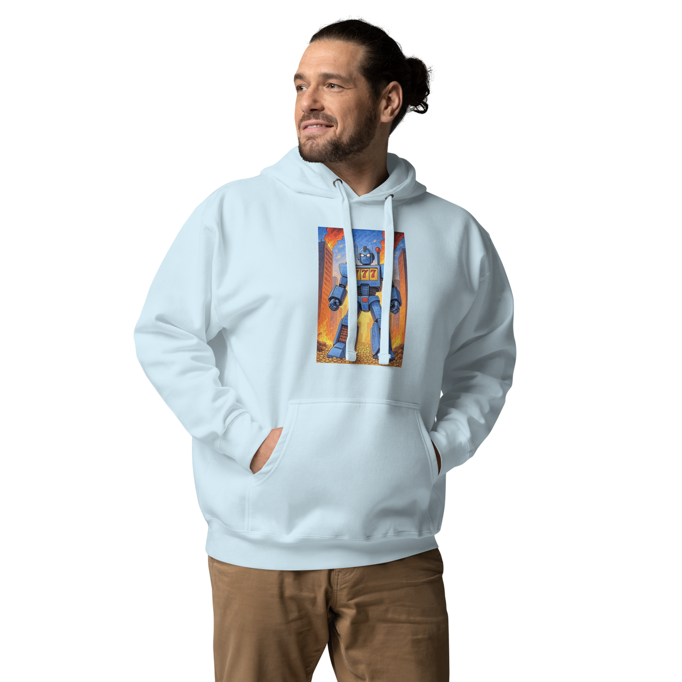Light blue hoodie featuring a robot with 777 slot machine design, perfect for casino and gaming fans