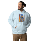Light blue hoodie featuring a robot with 777 slot machine design, perfect for casino and gaming fans