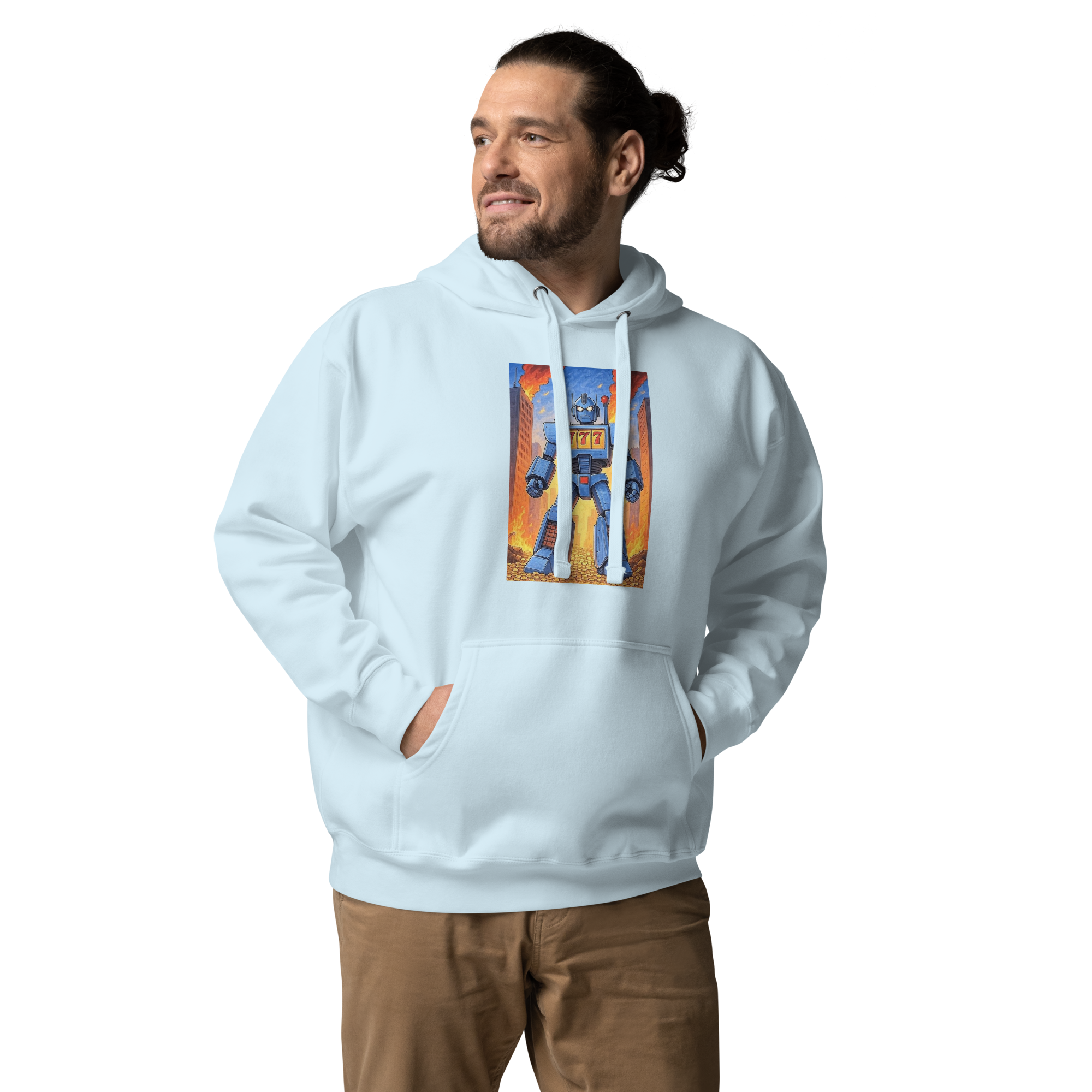 Light blue hoodie featuring a robot with 777 slot machine design, perfect for casino and gaming fans