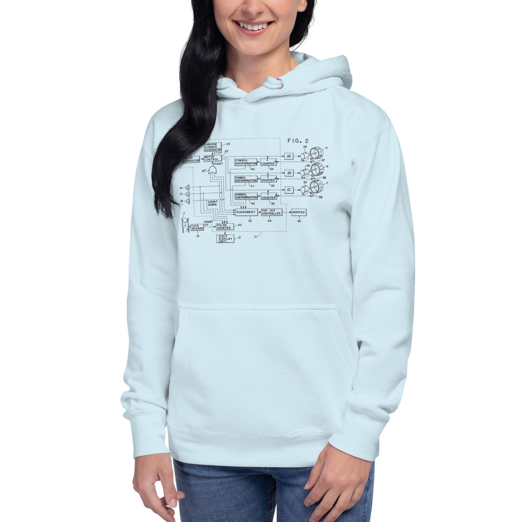 Light blue hoodie with vintage slot machine circuit diagram print, perfect for casino enthusiasts and tech lovers.