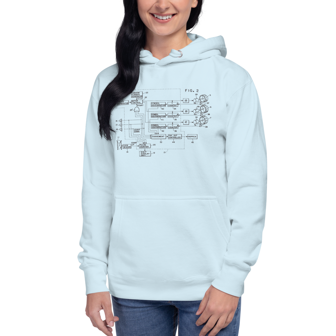 Light blue hoodie with vintage slot machine circuit diagram print, perfect for casino enthusiasts and tech lovers.