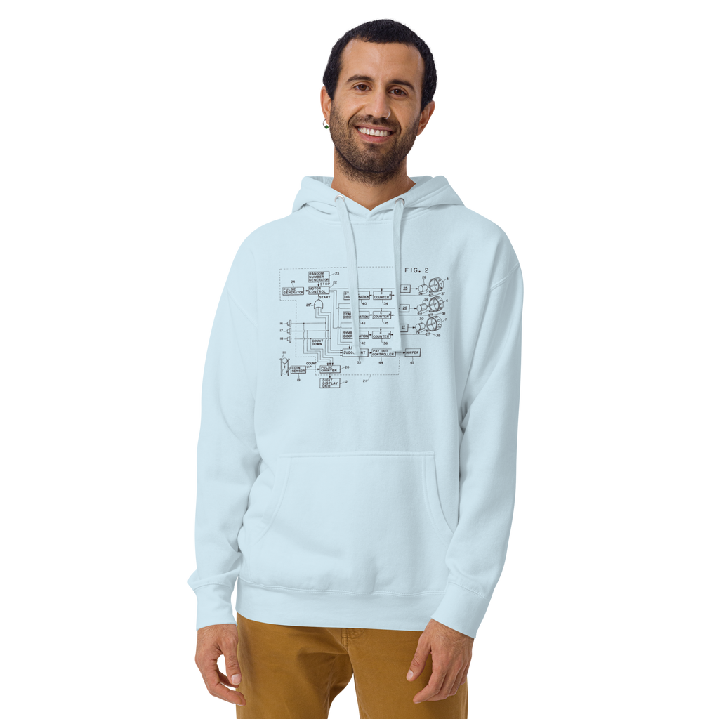 Light blue hoodie with slot machine circuit diagram design for players and pros